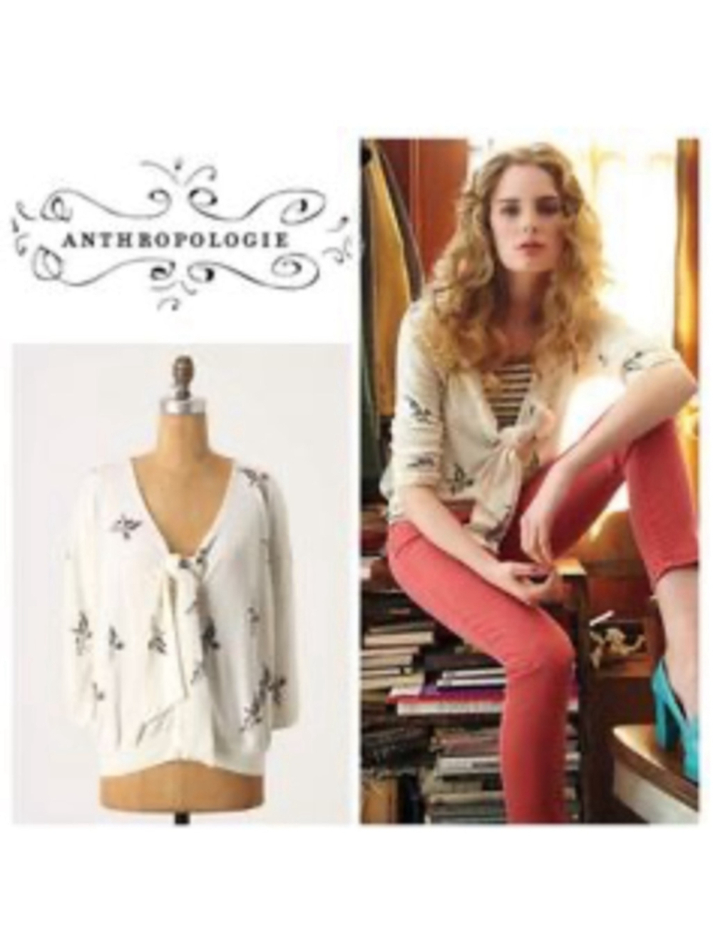 Anthropologie Field Flower cardigan Cream Sweater tie front birds sz xs